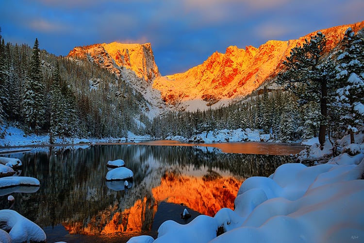 Dawn on Dream Lake on a snowy morning in Rocky Mountain National Park